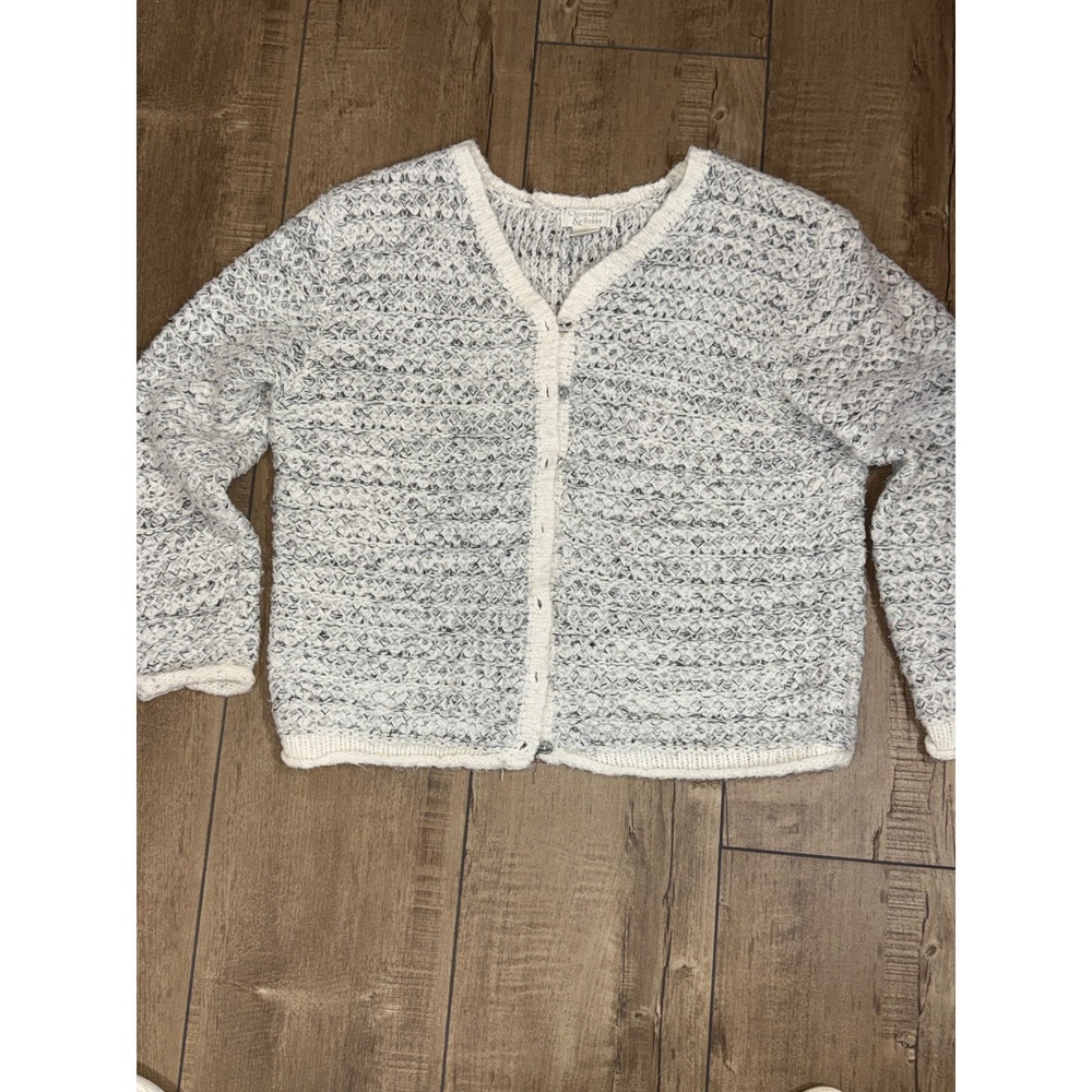 Christopher & Banks Womens Knit Cardigan Sweater Size L‎ Speckled Gray White